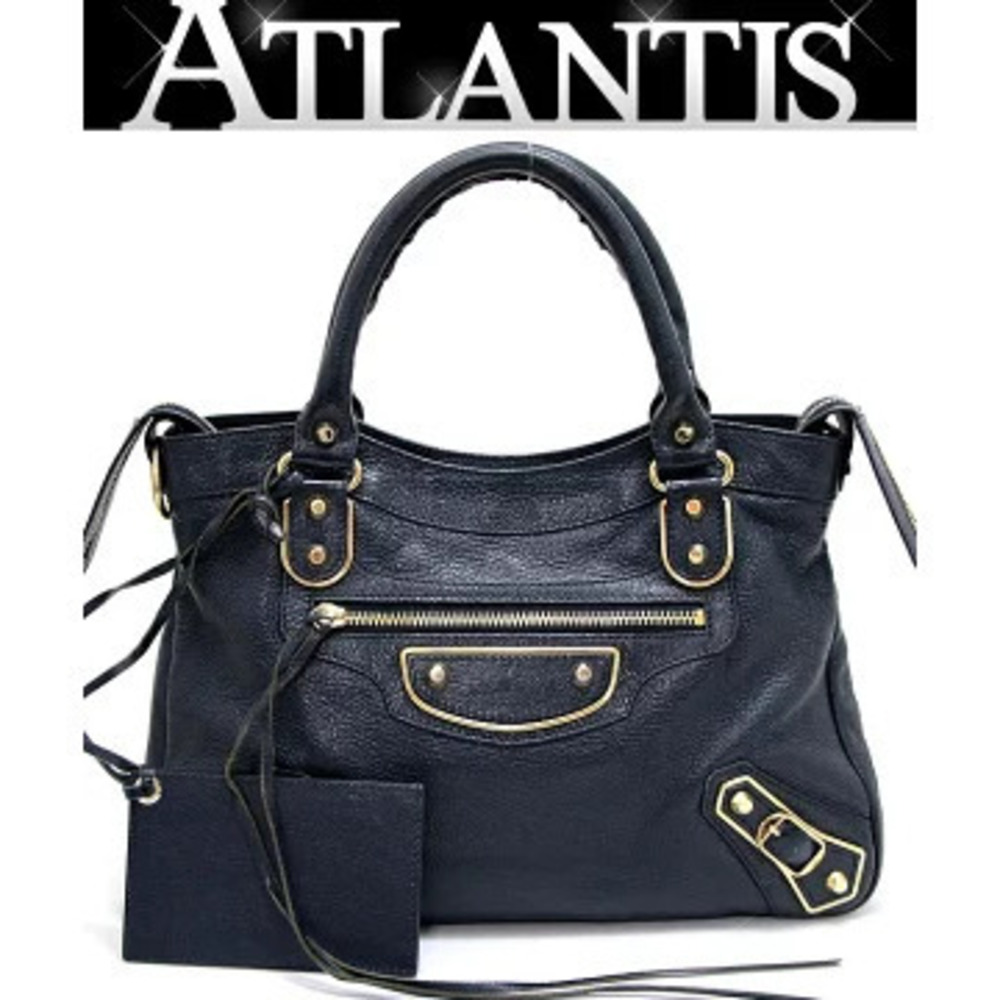 Balenciaga Metallic City Handbag Leather Navy Blue